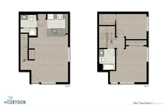 Two-level floor plan of a townhouse-style apartment showing kitchen, living area, and stairs.
