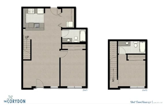 Two-level townhouse floor plan showing kitchen, living area, stairs, and two bedrooms.