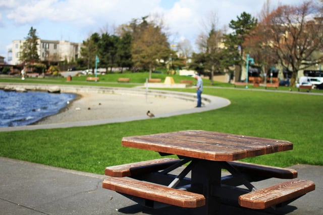 Wooden picnic table in a park by the water with buildings in the background.