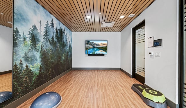Modern wellness room with nature mural, TV, and fitness equipment.