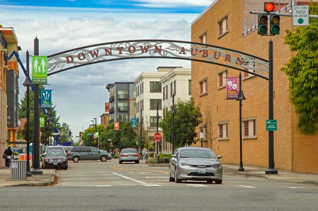 Downtown Auburn Archway with street view and buildings