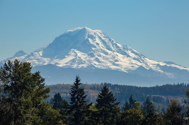 Snow-capped mountain range with green trees in the foreground