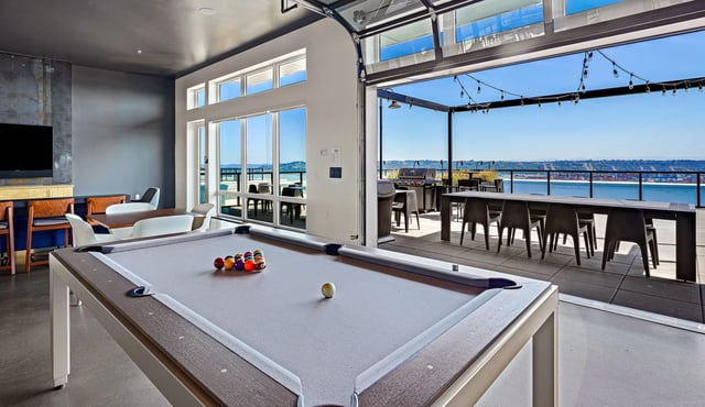 Billiard table and outdoor seating area with grills and a scenic water view.