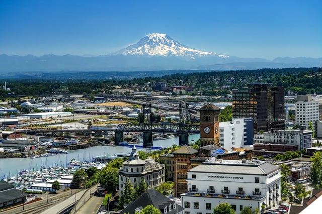 View of a city skyline with a large mountain in the background.