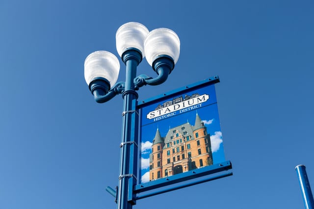 Stadium Historic District street lamp with banner