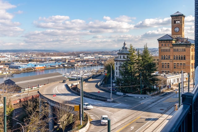 Panoramic view of a waterfront city with historic buildings and a clock tower.