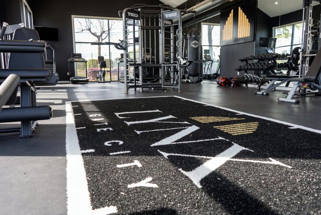 Gym with weight machines, treadmills, punching bag, and free weights.
