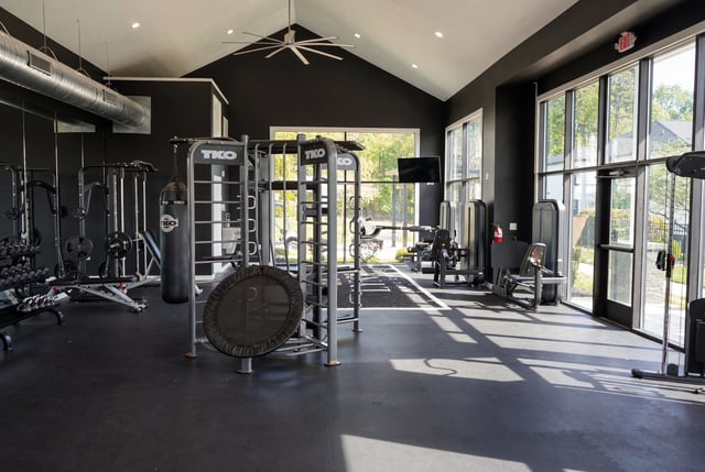 Modern gym with weight machines, punching bag, and dumbbells.