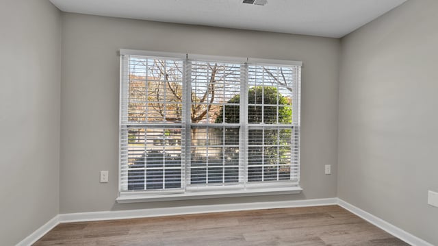 View of trees and street through a large window with white blinds.