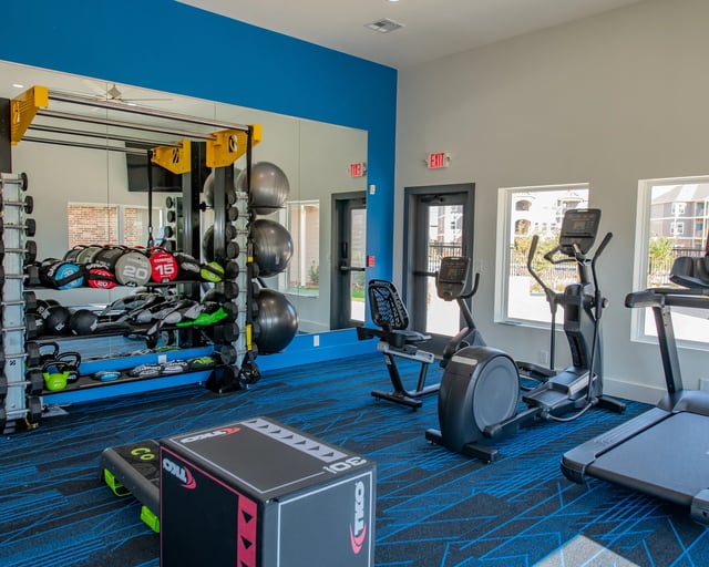 Fitness center in the community featuring treadmills, stationary bikes, free weights, and a mirror wall.