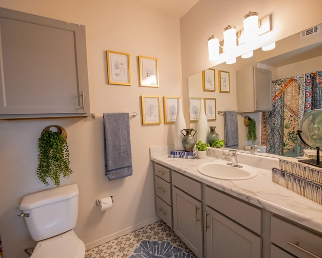 Bathroom vanity with marble countertop, mirror, and framed art.