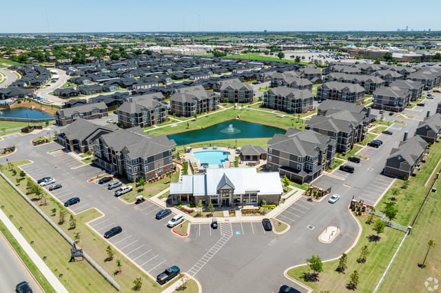 Aerial view of apartment complex buildings surrounding a pond and pool.