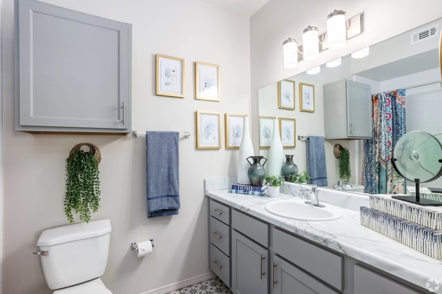 Modern bathroom with gray vanity, marble countertop, and decorative artwork.