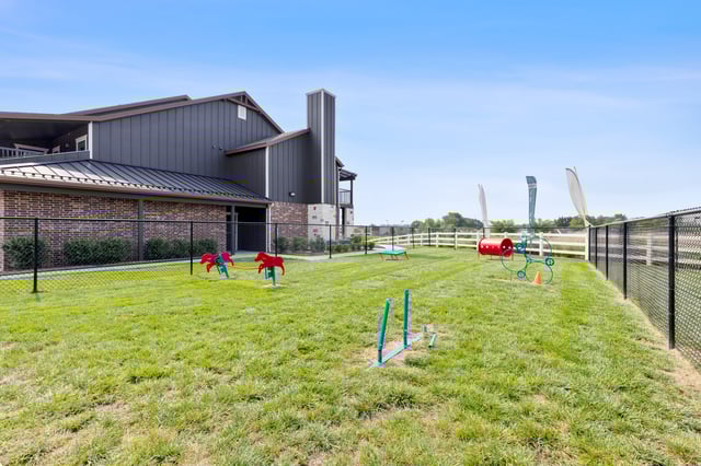 A fenced-in dog park with agility equipment, including a red tunnel and blue weave poles.