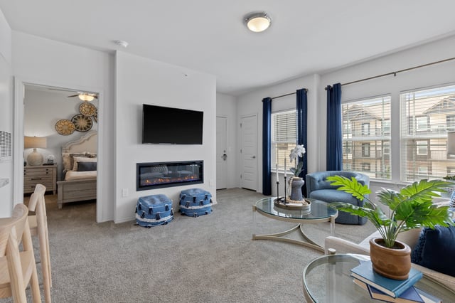 Living room with fireplace, TV, and open doorway to bedroom.