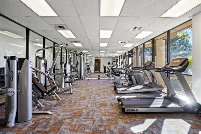 Gym with treadmills, ellipticals, weight machines, and free weights.