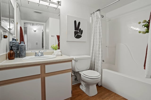 Modern bathroom with a sink, toilet, and bathtub.