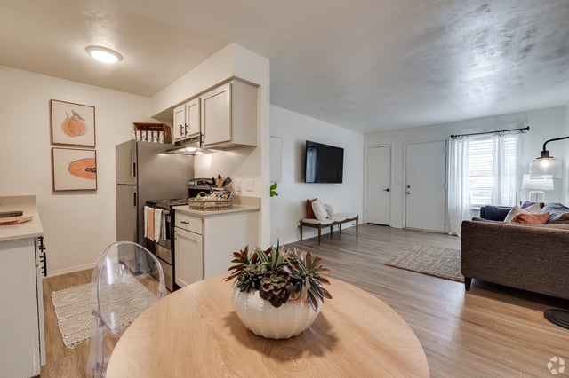 Kitchen and living room area of an apartment.