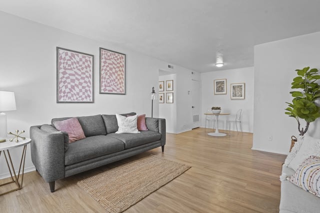 Living room in an apartment with a gray sofa, wall art, and light wood floors.