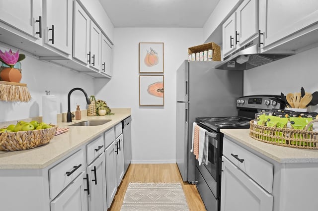 Modern galley kitchen with white cabinets, stainless steel appliances, and granite countertops.