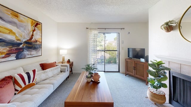 Living room with couch, coffee table, TV, and fireplace.