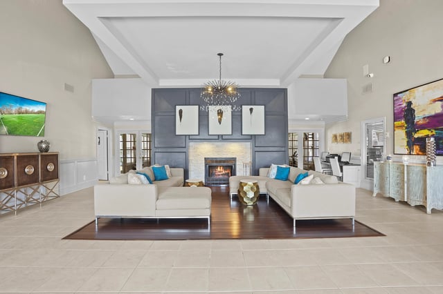 Lobby with fireplace and seating areas