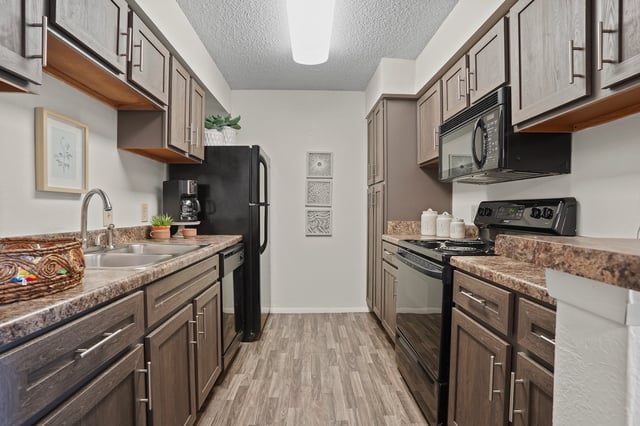 Modern kitchen with dark wood cabinets, stainless steel sink, black refrigerator and stove.