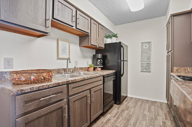 Kitchen with dark wood cabinets, granite countertops, stainless steel appliances, and a dual sink.