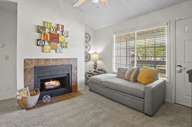 Living room with fireplace and sofa.