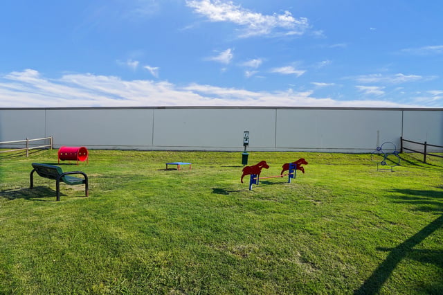 A fenced-in dog park with agility equipment like a tunnel, jumping bars, and weave poles.