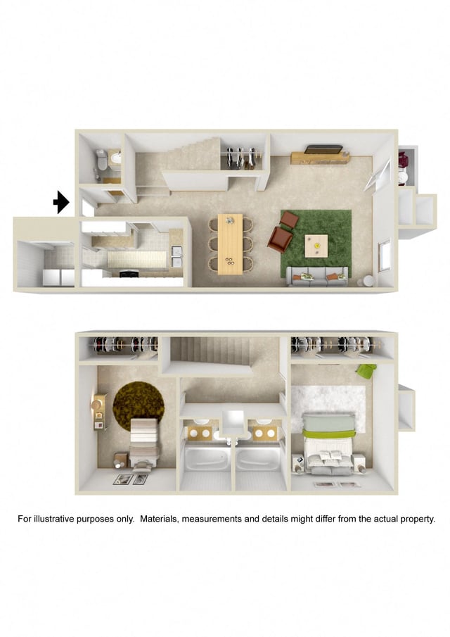 TWO BEDROOM TWO & A HALF BATH TOWNHOUSE floor plan