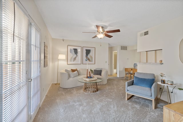 Cozy living room with plush sofa, armchair, coffee table, and floor lamp.
