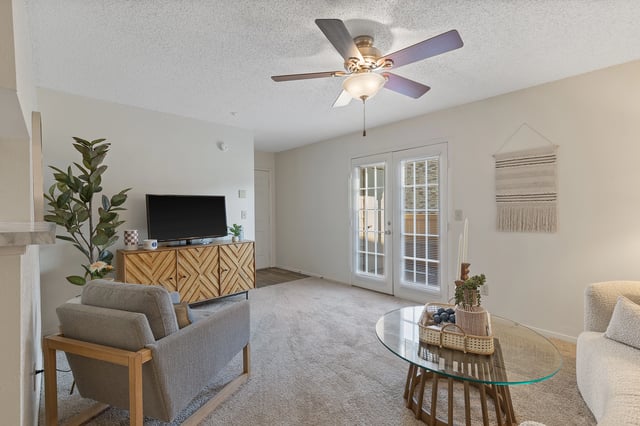 Living room with gray armchair, TV on a wooden cabinet, and glass coffee table.