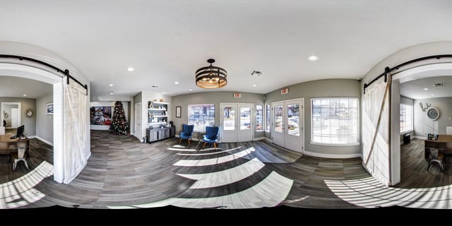 Reception area with a desk, chairs, and a Christmas tree.