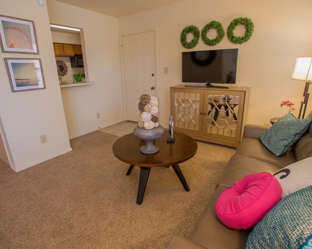 Living room with sofa, coffee table, TV, and pass-through to kitchen.