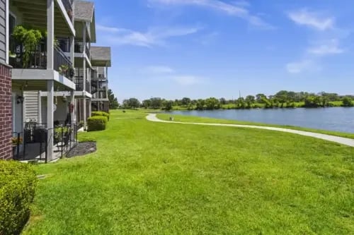 Lush green landscape near residential buildings by a lake