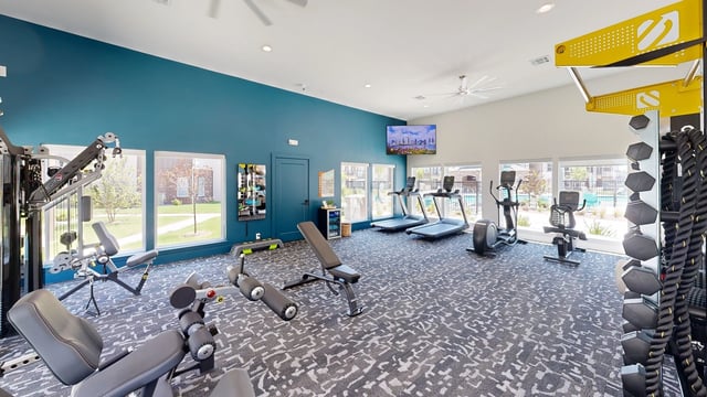 Fitness center with treadmills, elliptical, weight machines, dumbbells, and large windows.