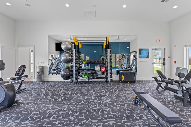 Modern apartment gym with cardio machines, free weights, and weightlifting equipment.