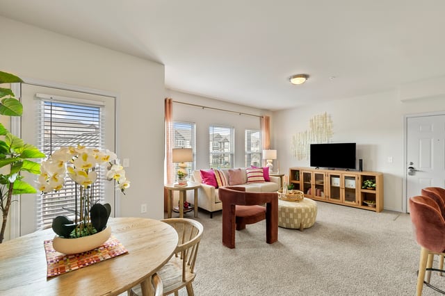 Living room with dining table, sofa, TV, and decorative elements.