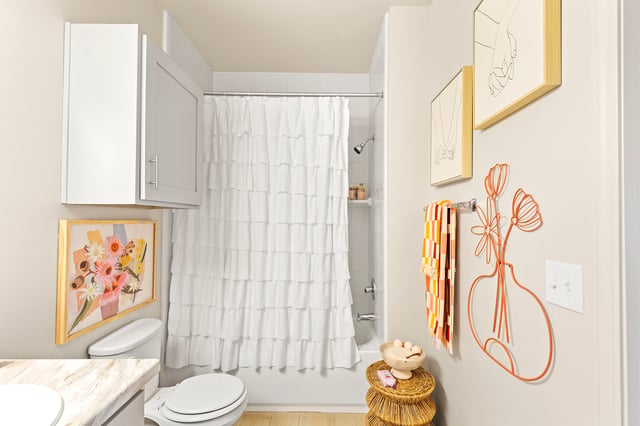 Modern bathroom with a white ruffled shower curtain, toilet, and cabinet.