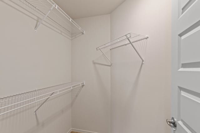 Empty walk-in closet with white wire shelving