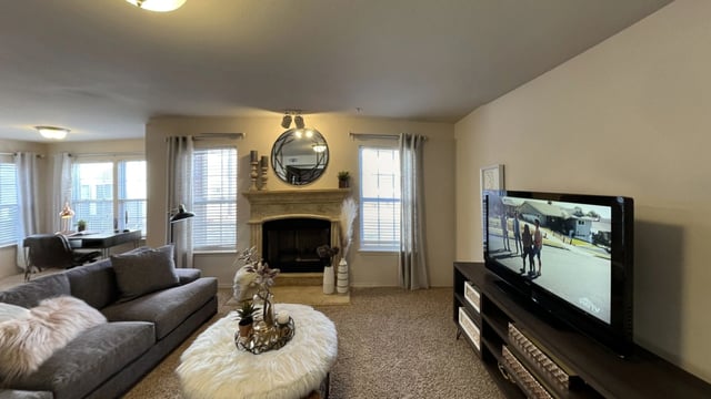 Living room with fireplace, sofa, coffee table, and TV.