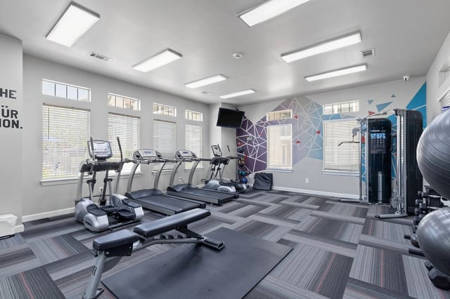 Indoor apartment gym with treadmills, weights, and a geometric mural.