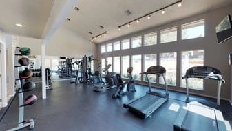 Spacious gym with treadmills, elliptical machines, weight machines, and free weights.