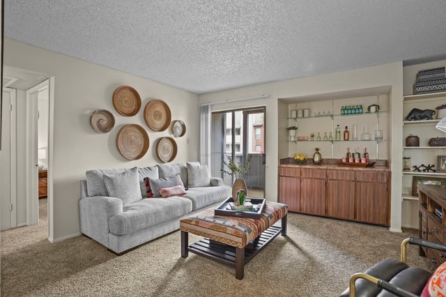 Living room with a gray sectional sofa, decorative wall baskets, and a built-in bar.