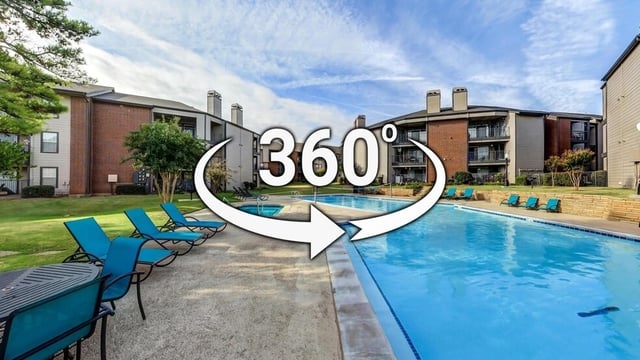 360 degree view of an apartment complex pool and lounge area.