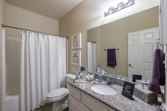 Bathroom with granite countertop, vanity mirror, and white shower curtain.