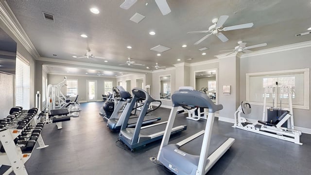 Fitness center with treadmills, weight machines, and free weights.