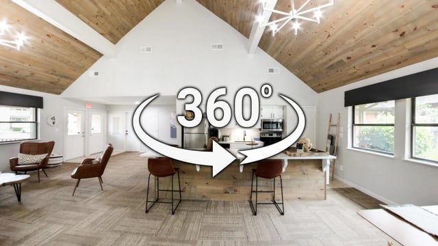 360-degree tour of community lounge with kitchen and seating areas.