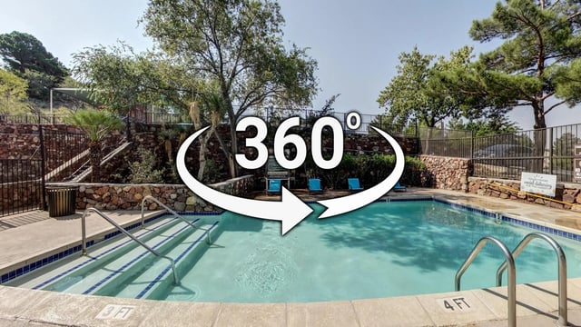 360 virtual tour of the outdoor swimming pool area with lounge chairs and trees.